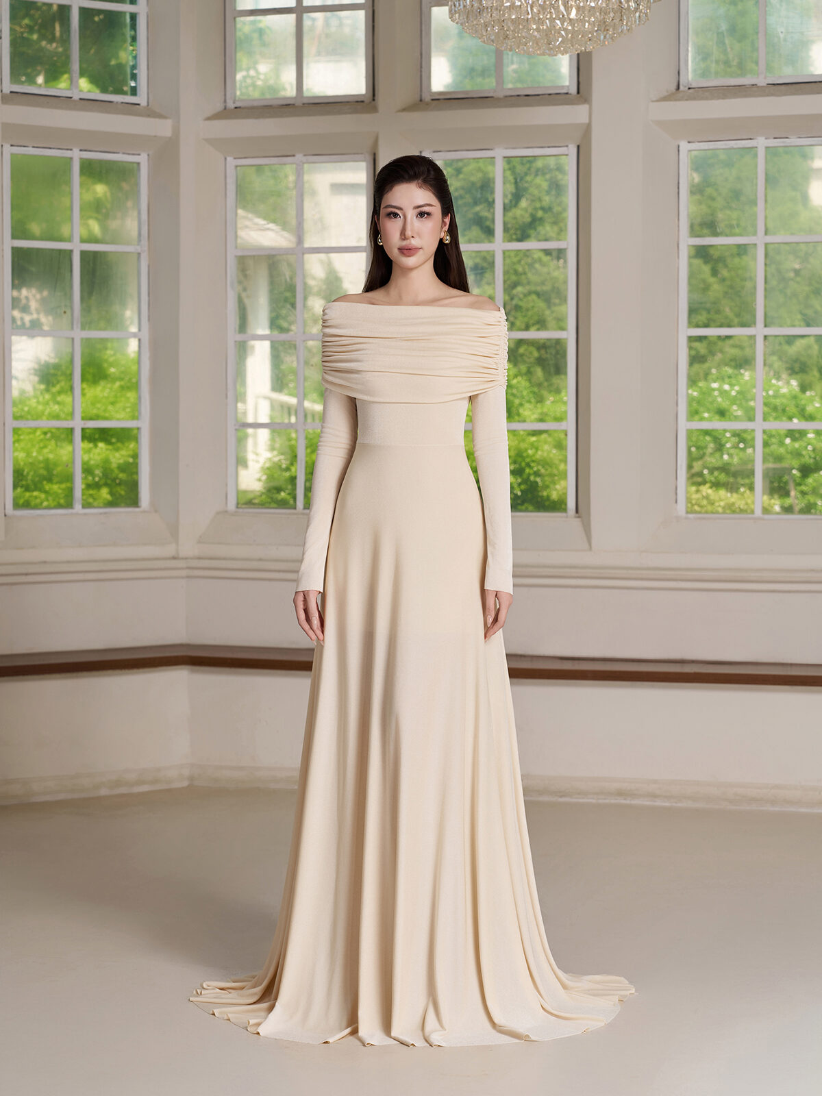 Draped Off-Shoulder Long Sleeve Maxi Dress