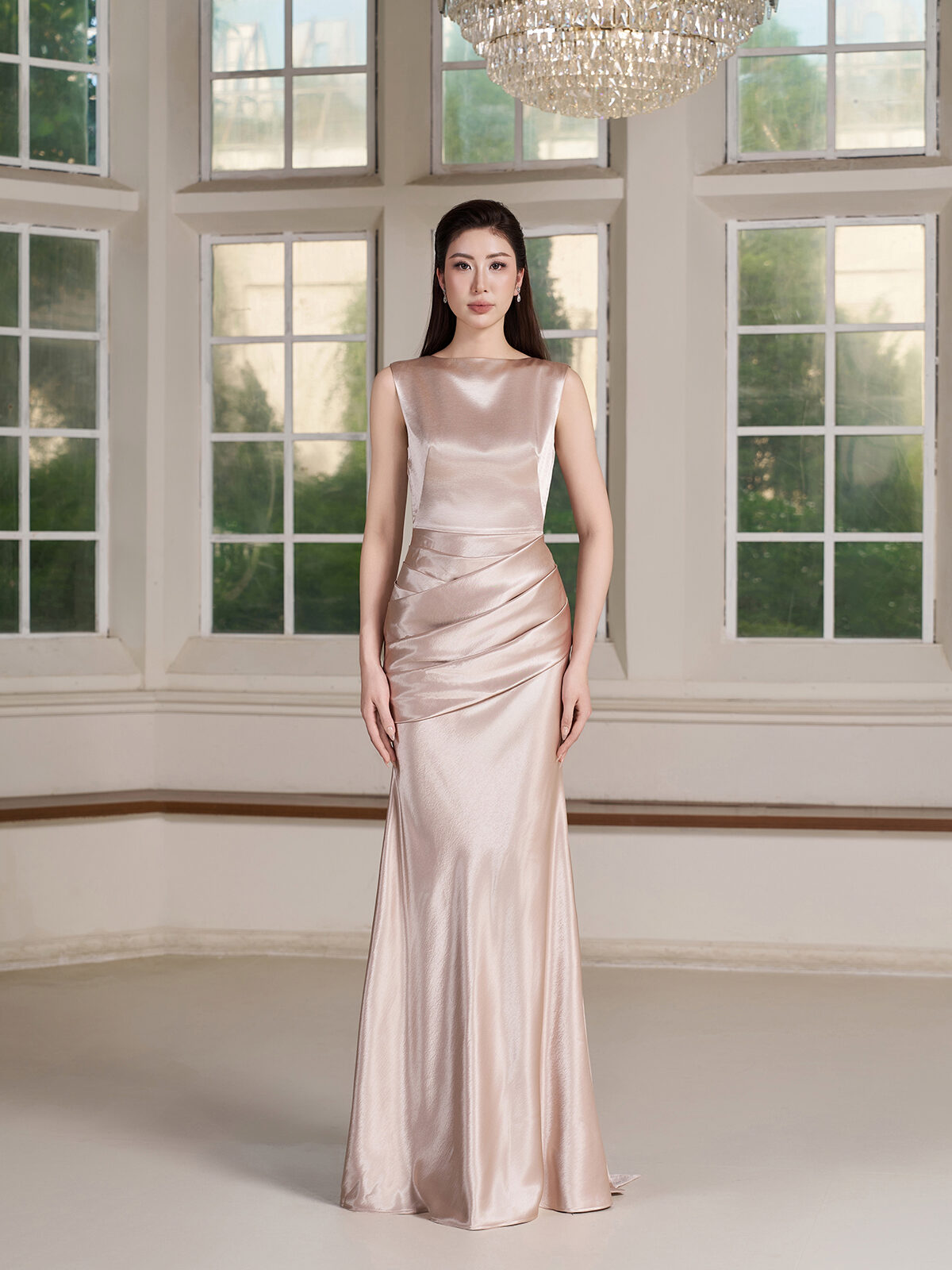 Sleeveless Draped Satin Evening Gown